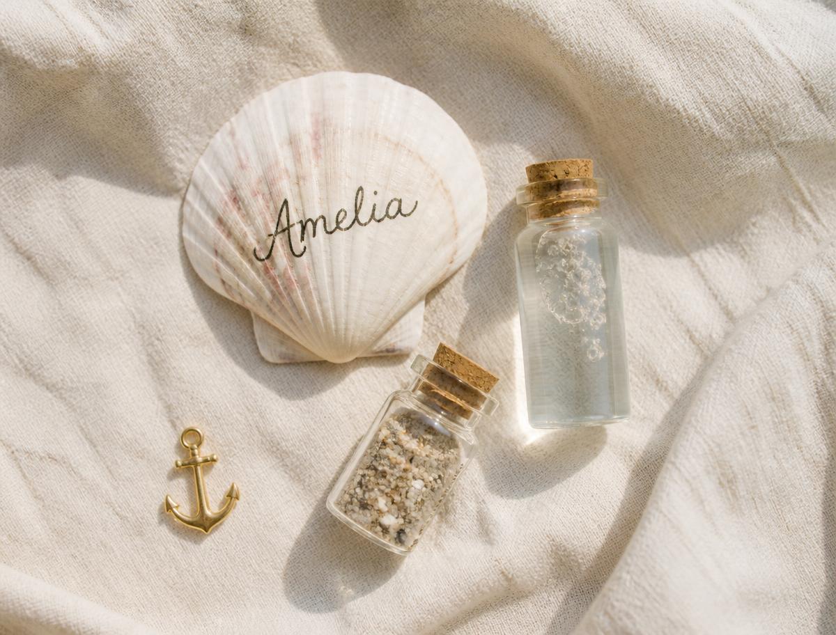 Concha com nome, frascos de água do mar e de areia, e uma âncora dourada