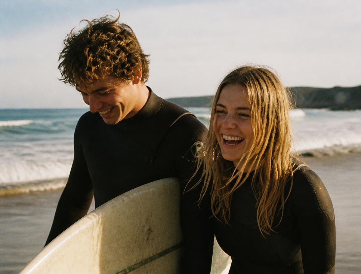 Casal com prancha de surf na praia